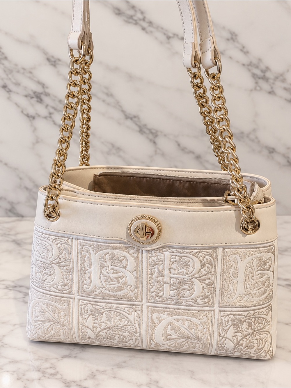 Chrisbella White Embossed Shoulder Bag | Chain Strap | Gold Hardware